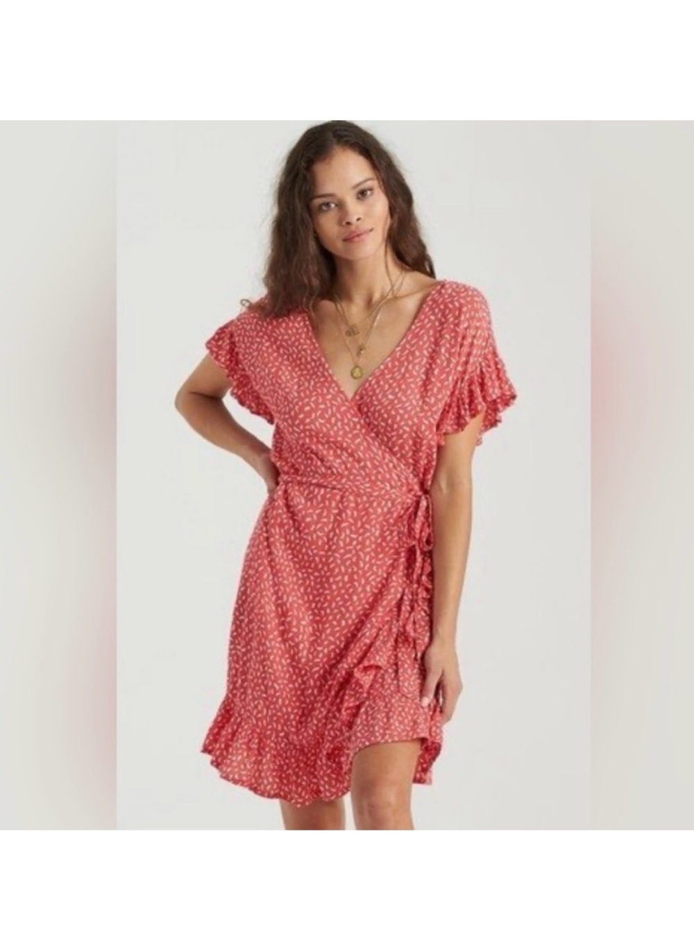 Billabong Women’s Guava Ruffle Short Sleeve Wrap And Roll Woven Mini Dress